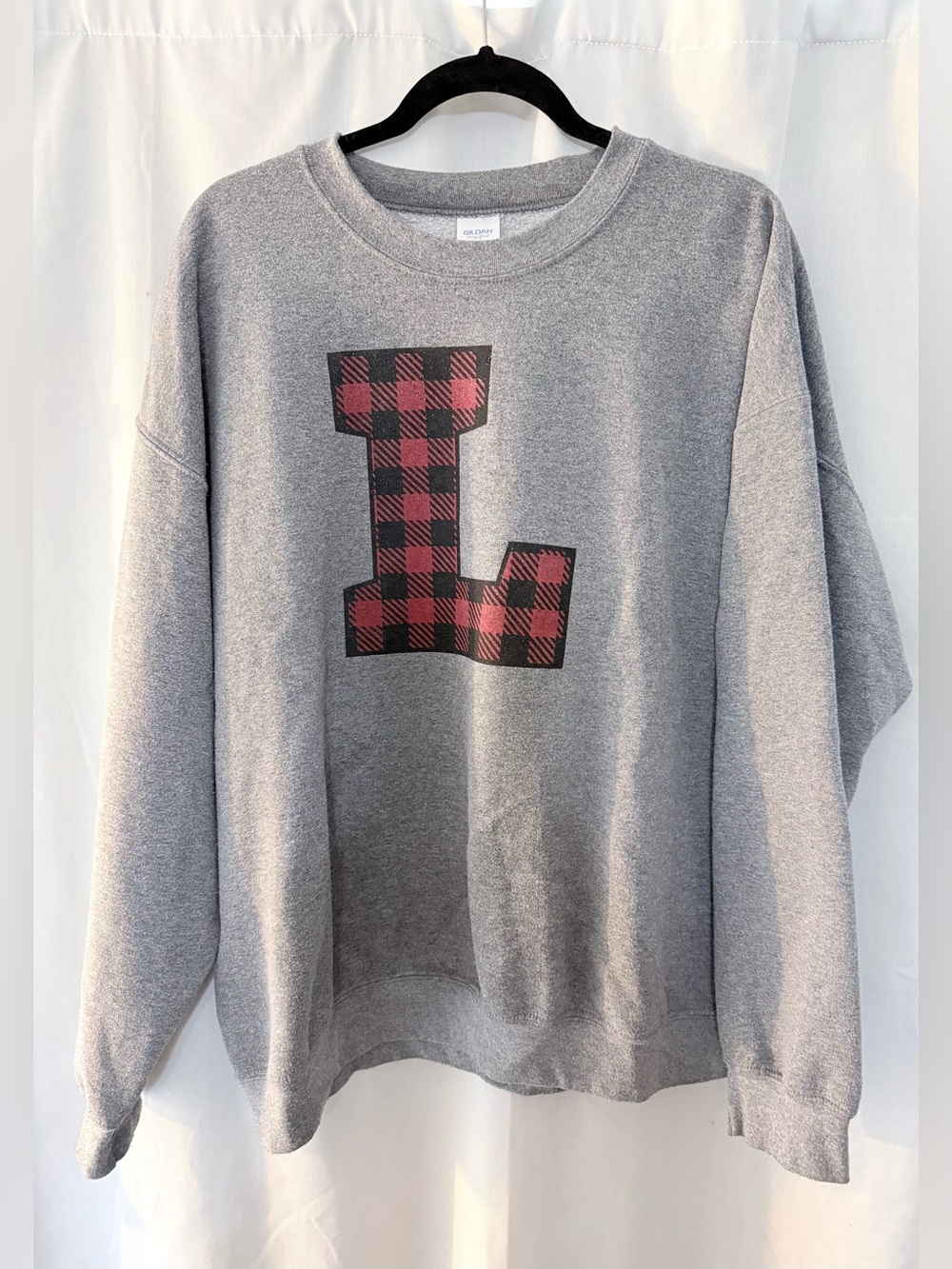 University of Louisville Gildan Gray Crewneck Sweatshirt with Red Plaid 'L'